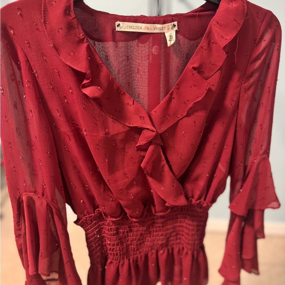 Chelsea & Violet Red Ruffled 3/4 Sleeve Blouse